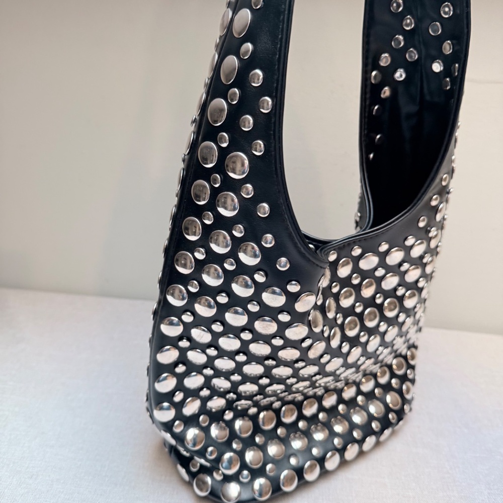 Black Studded Hobo Bag with Silver Accents - Picture 7 of 12